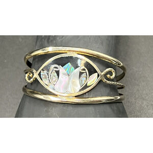 Signed Alpaca Mexico Silver Floral Mother Of Pearl Abalone Cuff Bracelet Vintage
